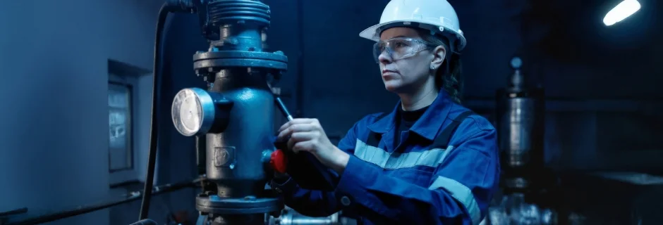 Engineer in safety gear adjusting a valve on industrial piping inside a manufacturing plant.