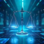 Digital rendering of justice scales surrounded by cybersecurity icons, symbolizing data protection in the legal industry.