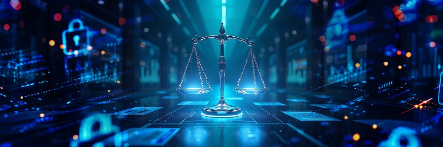 Digital rendering of justice scales surrounded by cybersecurity icons, symbolizing data protection in the legal industry.