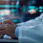 Doctor using a laptop with digital security graphics overlay, representing data protection and cybersecurity in healthcare.